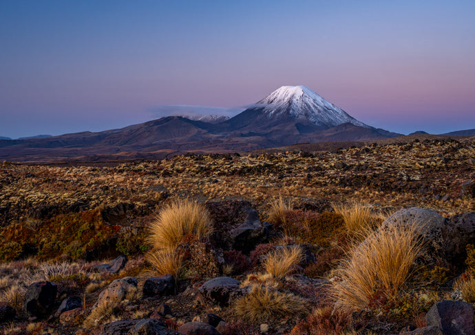 Desert landscape with a snow-capped mountain under a twilight sky