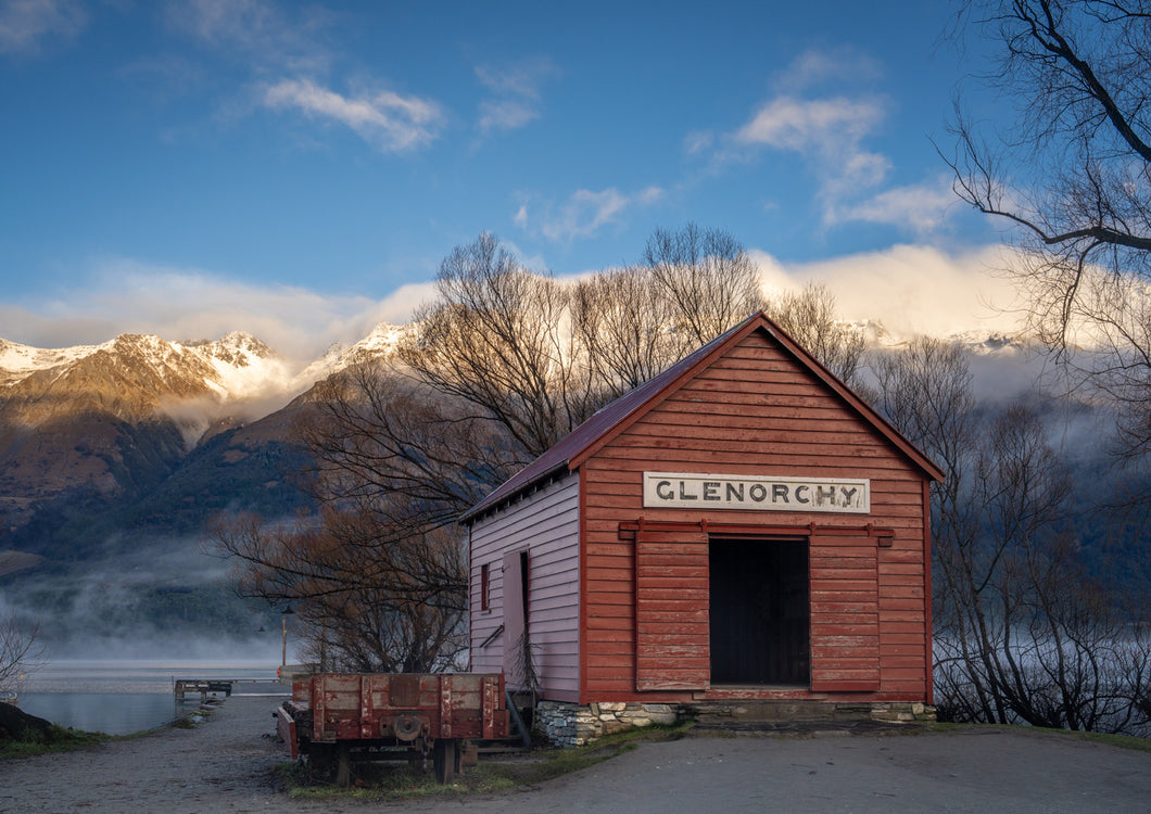 red glenorchy shed misty sunrise mountains