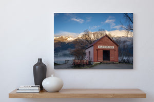red glenorchy shed misty sunrise mountains