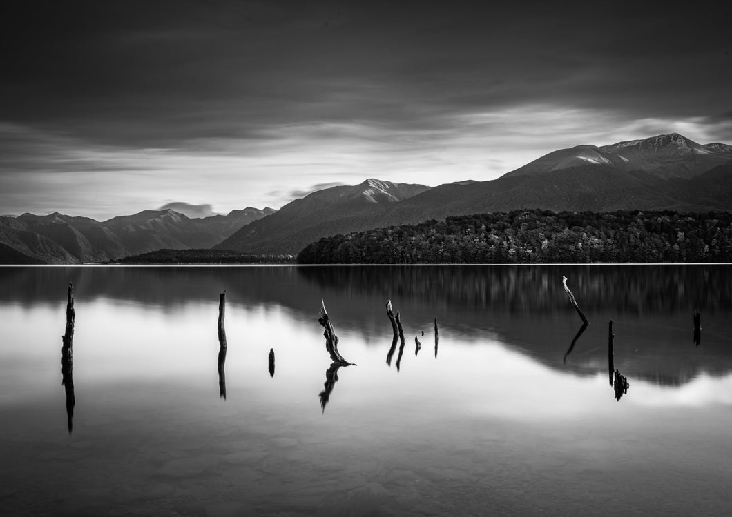monochrome mountain lake monowai fiordland