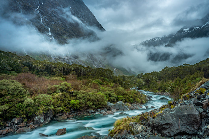 Fiordland river mist waterfalls hollyford